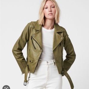 All Saints Griffin leather biker jacket in moss green